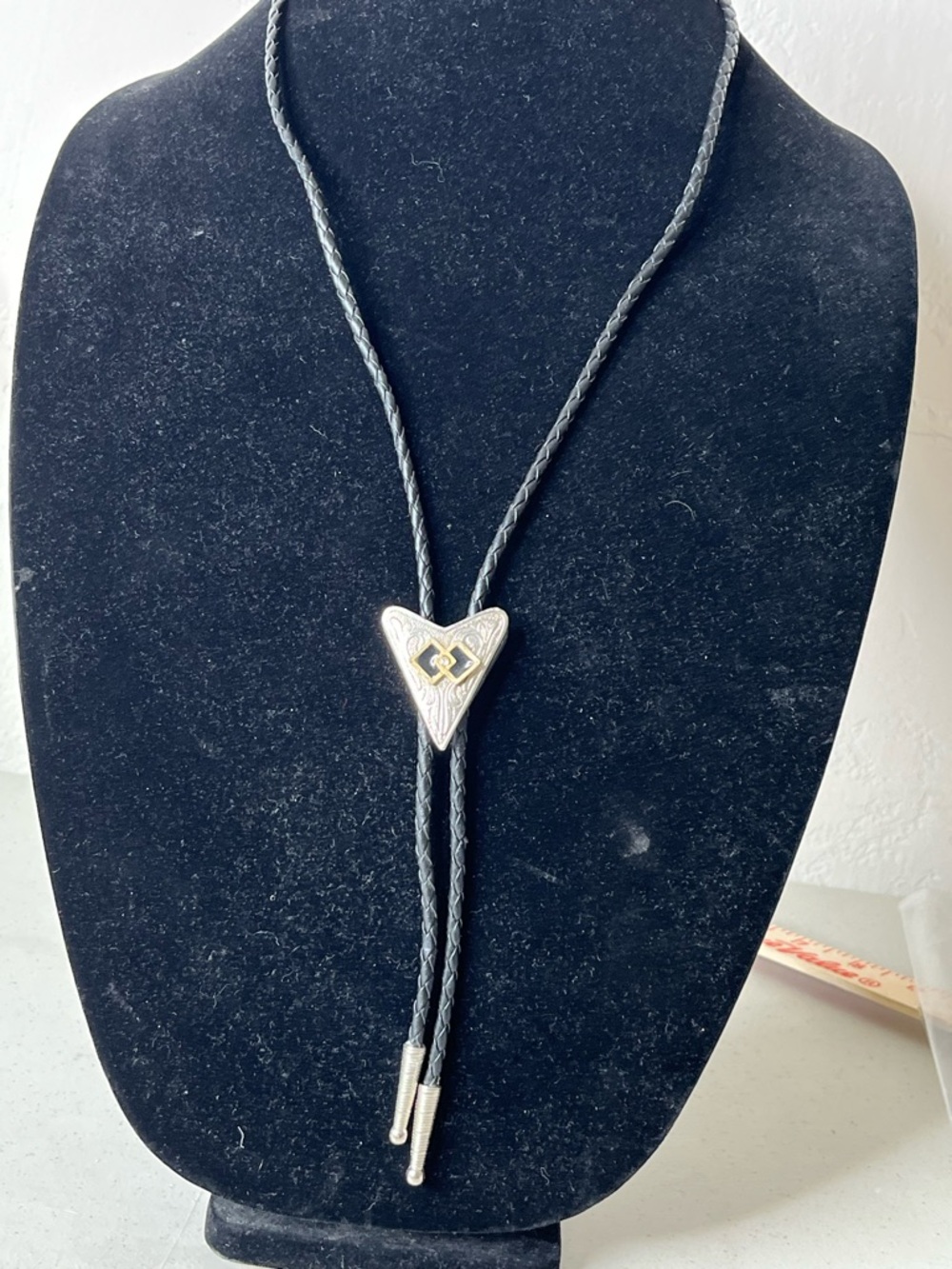 Men's Black Braided Cord Bolo Tie with Silver and Gold Heart Slide